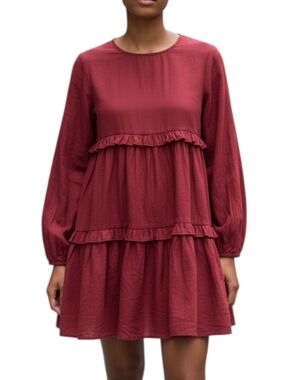 entro Burgundy Ruffle Tiered Long Sleeve Dress